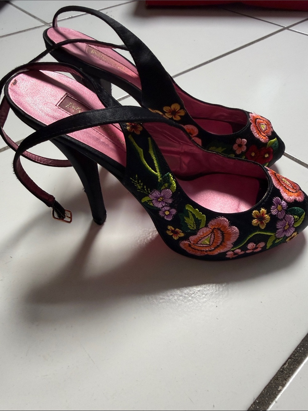 Betsey Johnson Black Embroidered Peep-Toe Heels with Pink Lining - Picture 2 of 7